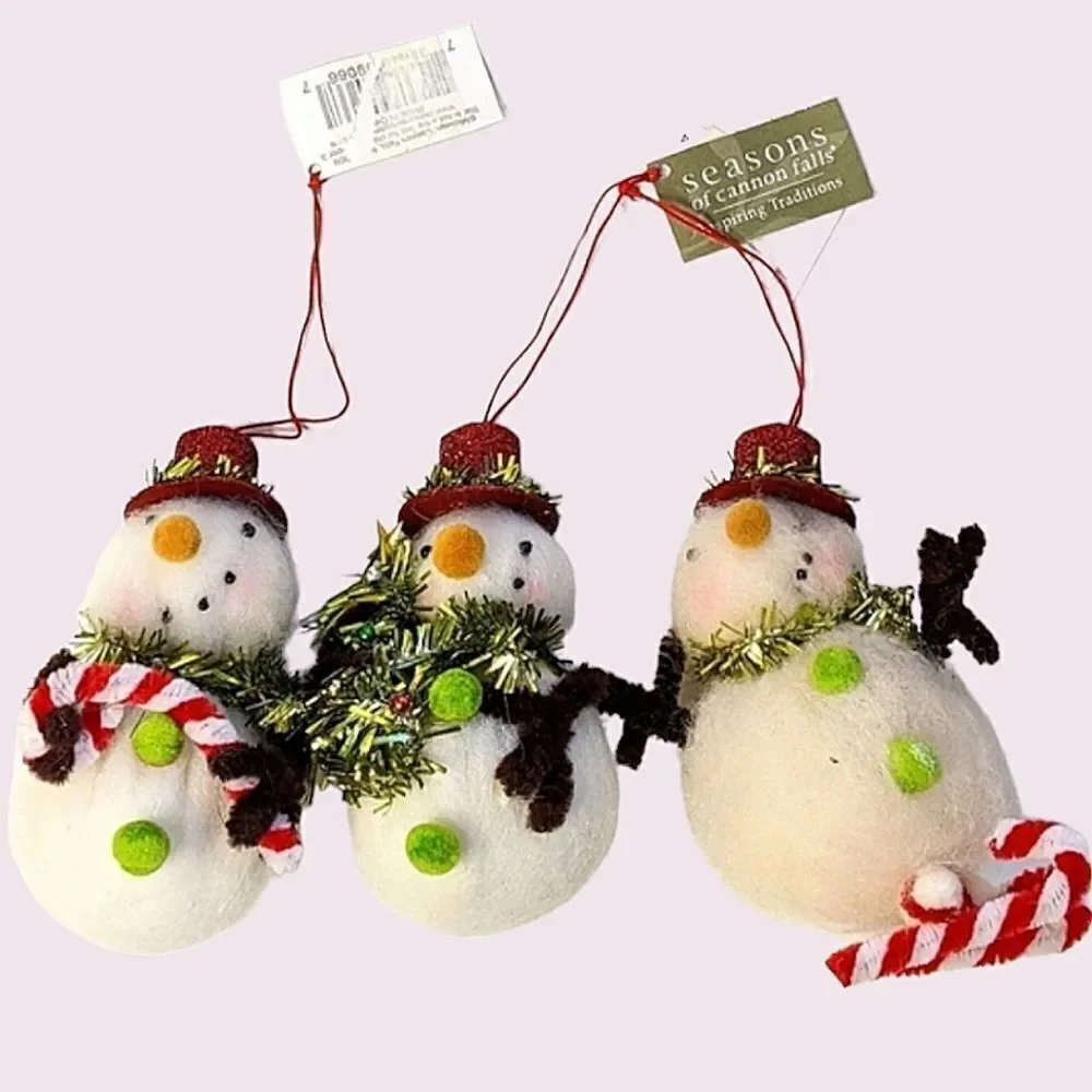Set Of Three Fluffy Little Snowmen Christmas Tree Ornaments